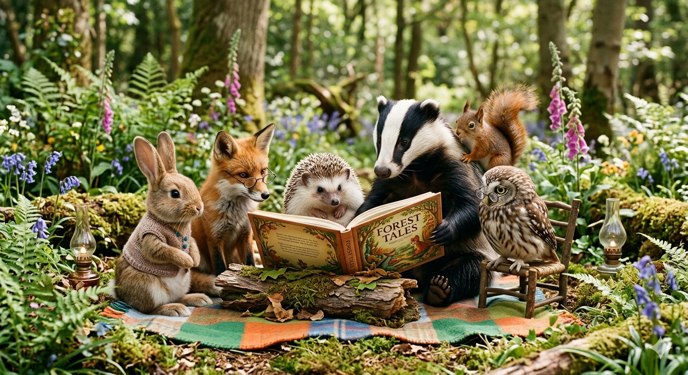 A rabbit, fox, hedgehog, and owl are being read to by a badger in the woods